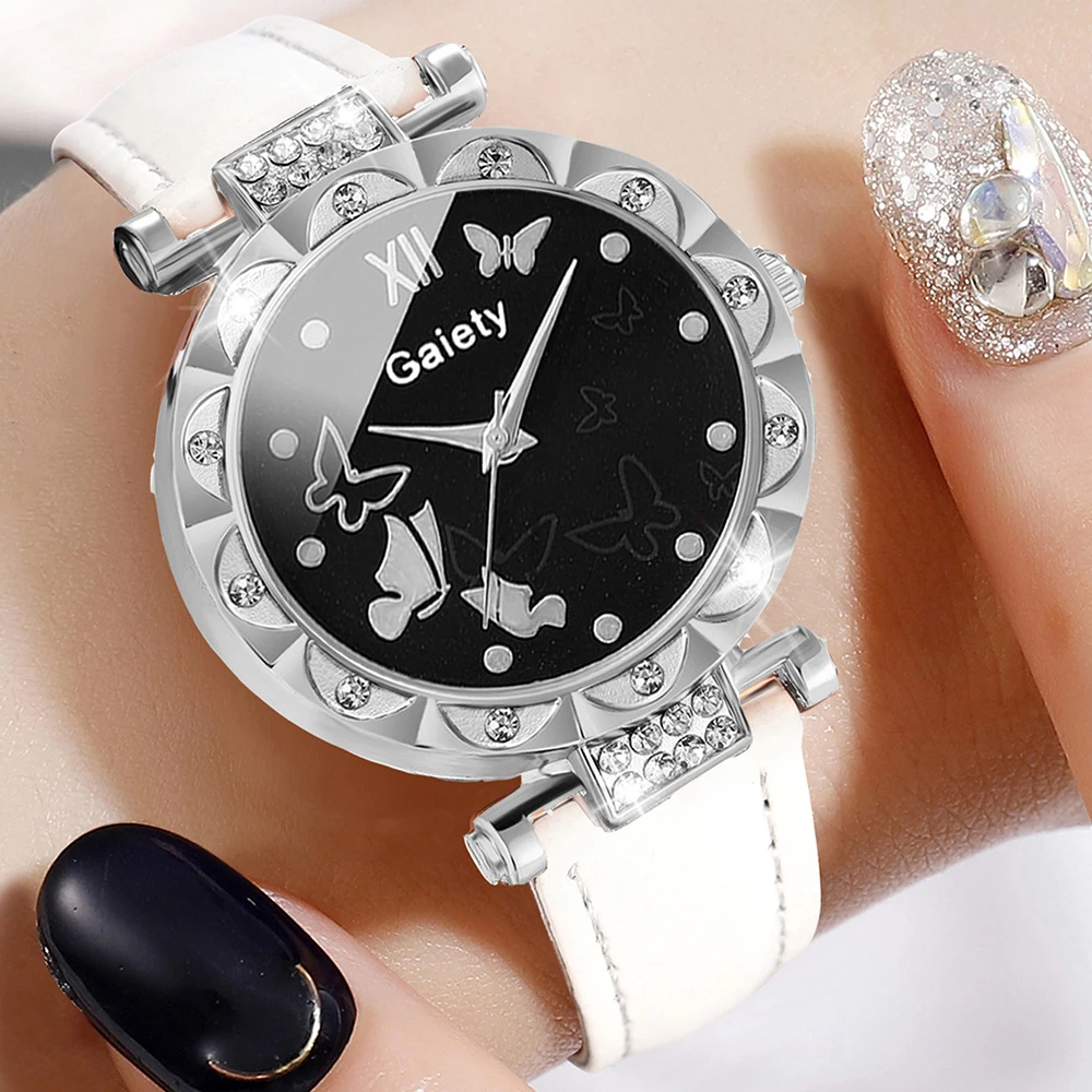 White 6PCS/Set Set For Women Quartz Wristwatch Butterfly Element Dial Leather Strap Watch Set Butterfly Jewelry Set Gift For Her