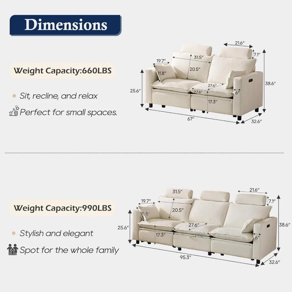 Electric Loveseat Recliner, Power Reclining Sofa with USB Ports,Comfy Couch for Living Room, Soft Oversized Sofa with Pillows