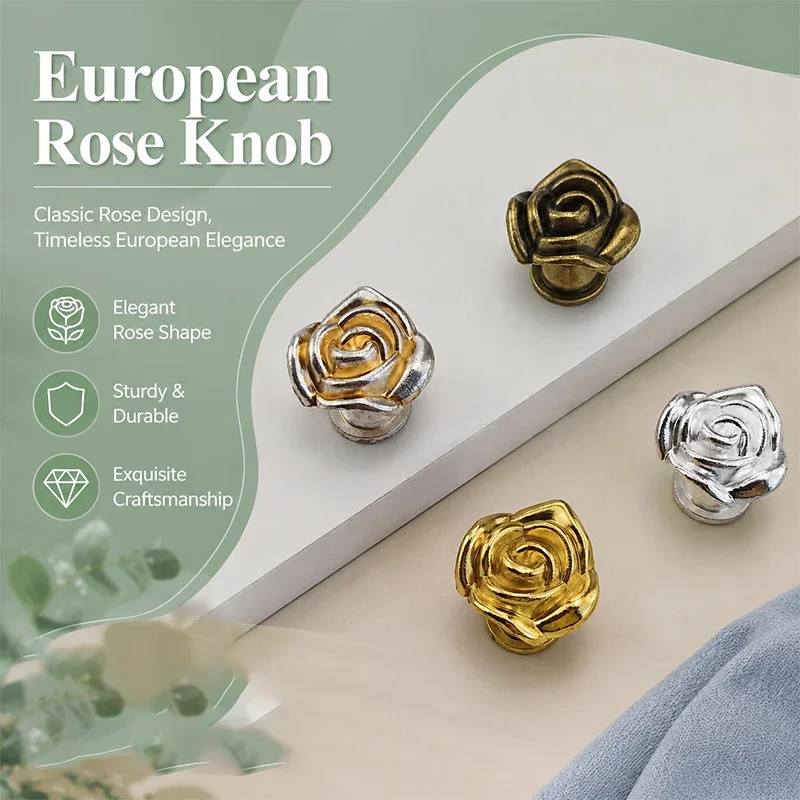 Antique European Rose Pattern Cabinet Knob Pull Handle for Furniture Wardrobe Drawer Cupboard Door Dresser Nightstand