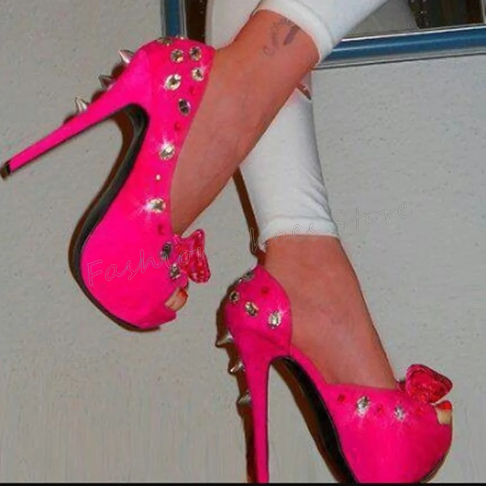 

Red Rivet Decor Peep Toe Crystal Pumps Platform Thin High Heels High Heel Shoes for Women Heels 2025 New Zapatos Para Mujere