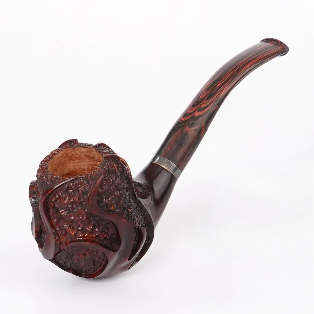 High Quality Briar Wood Smoking Pipe Hand Carved Bent Stem Mouthpiece 3mm Filter With Silver Decorative Ring