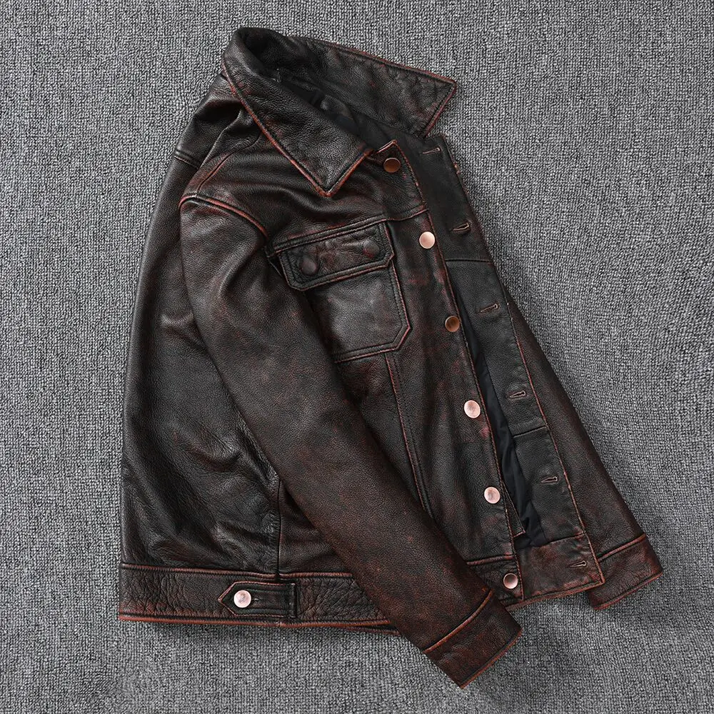 New Vintage Brown Workwear Style Cowboy Genuine Leather Jacket Natural Cowhide Coat Men\'s Stone Mill Old Style Clothes