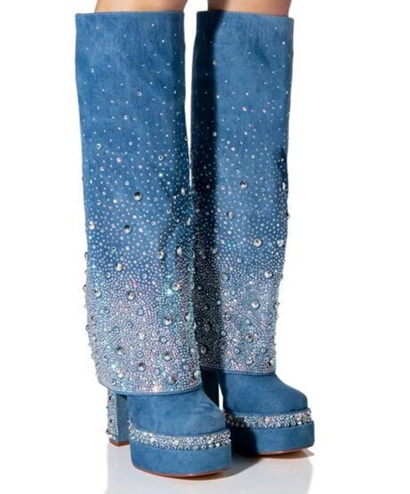 Glamorous Diamonds Denim Boot Covered Chunky Heel Rhinestone Platform Jeans Fold Over Shark Boot Round Toe Slip On Long Boots