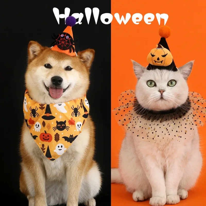 

2025 Hot Selleing Pet Halloween Set: Bat, Spider, Pumpkin Hat, Headwear, Lace Bib, Triangle Scarf, Cat, Dog