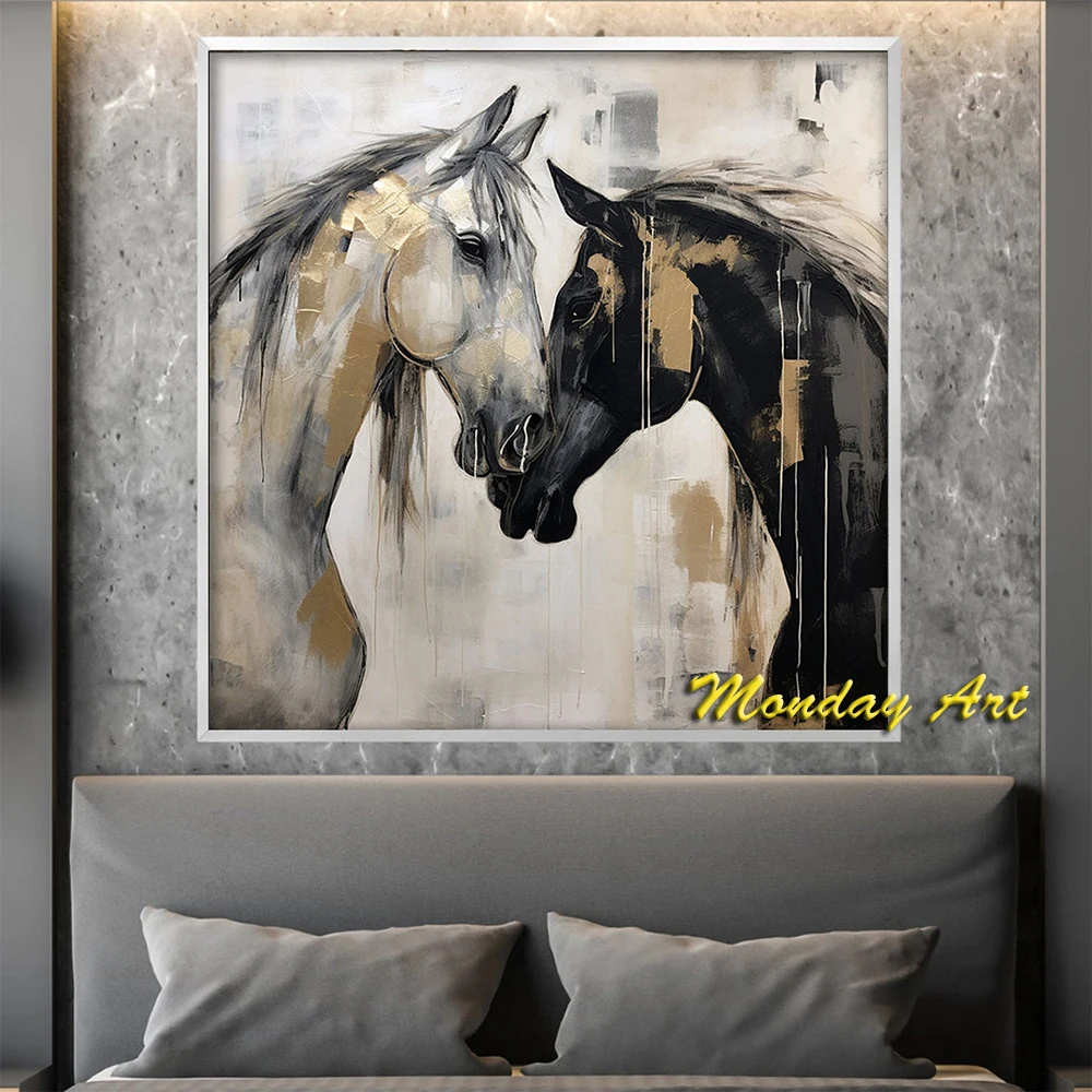 Hand Painted Oil Painting Horses White Black Gold Leaf Gold Textured Painting Living Room Acrylic Abstract Oil Painting Decor