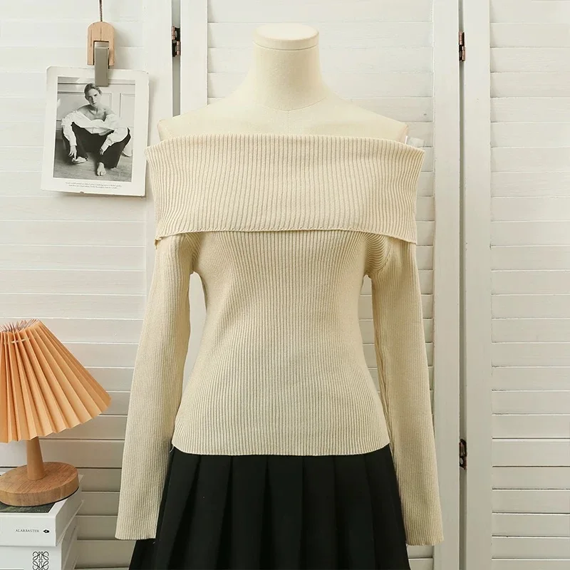 Spring Autumn Off-Shoulder Short Sweater Women Long Sleeve Bodycon Knit Top Black White Beige Khaki Coffee Red Pullover Sweater