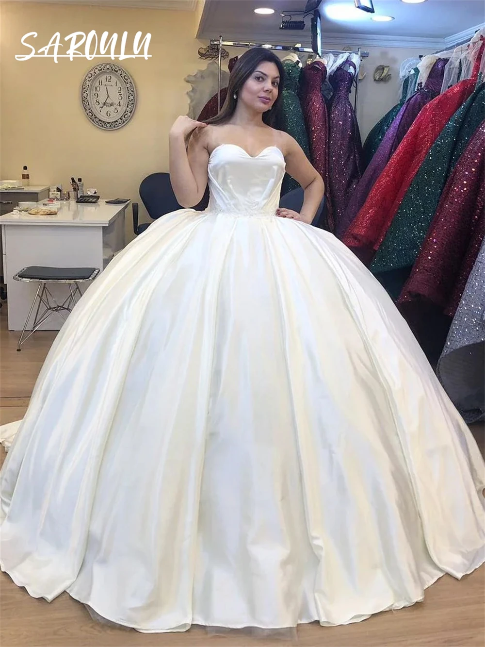 

Sweetheart Ball Gown Wedding Dresses With Petticoat Long Satin Bride Dress Custom Made Strapless Bridal Gown