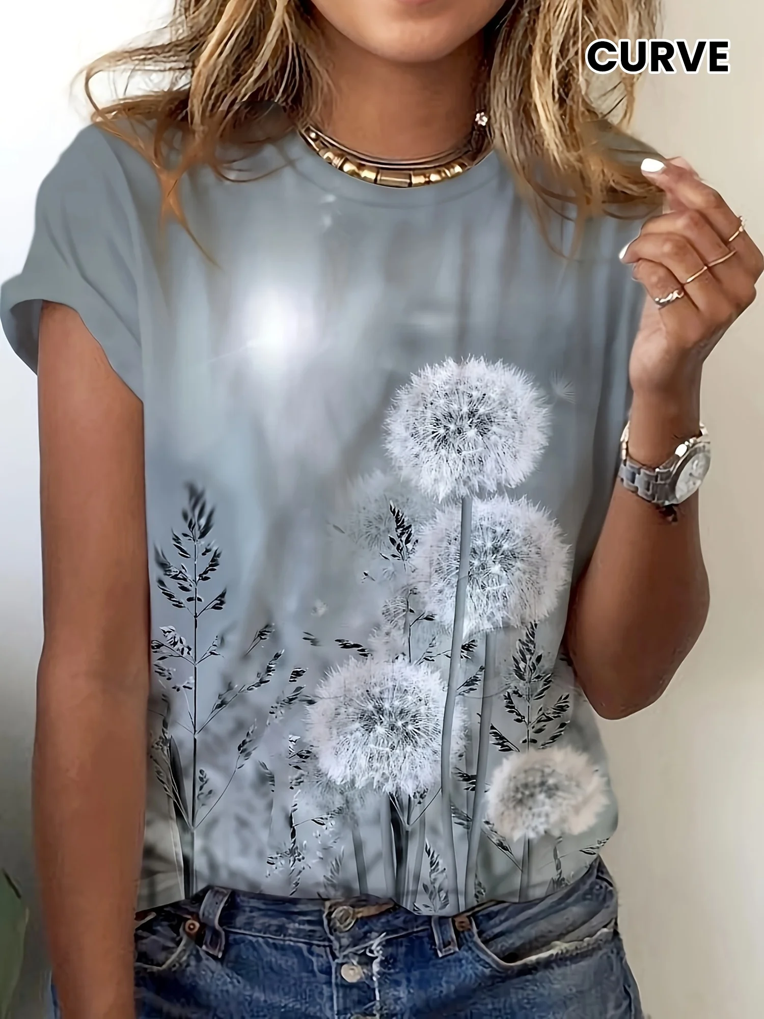 Women Crew Neck Short Sleeve T‑Shirt, Soft Dandelion Floral Plant Print Gray Background Graphic Casual Summer Tee