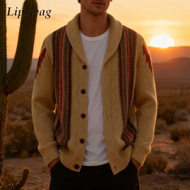 

Knitting Outerwear Mens Vintage Striped Knitted Cardigans Fall Winter Outdoor Warm Knit Jacket Men Casual Button-up Sweatercoats