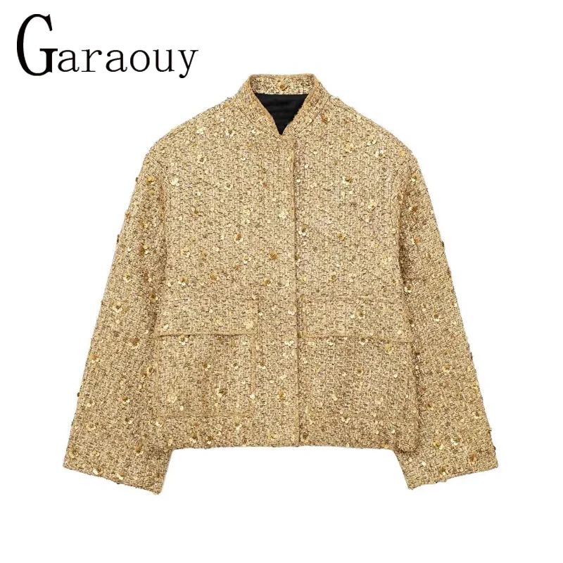 Garaouy 2024 Spring Women Golden Sequin Bomber Jacket Oversized Loose Casual Party Coats Female Fashion Street Outwear Mujer New