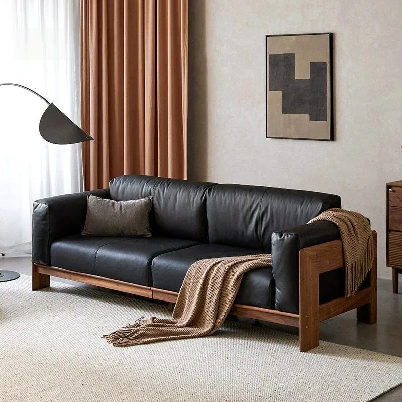 North American black walnut solid wood sofa Nordic cherry wood log home Japanese living room three-person removable sofa