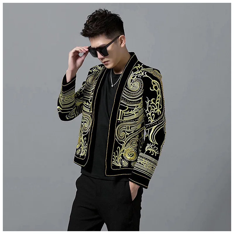 

Retro Palace Luxury Velvet Beaded Golden Dragon Embroidered Suit Coat Hair Stylist Bar Nightclub Singer Stage Performance Jacket