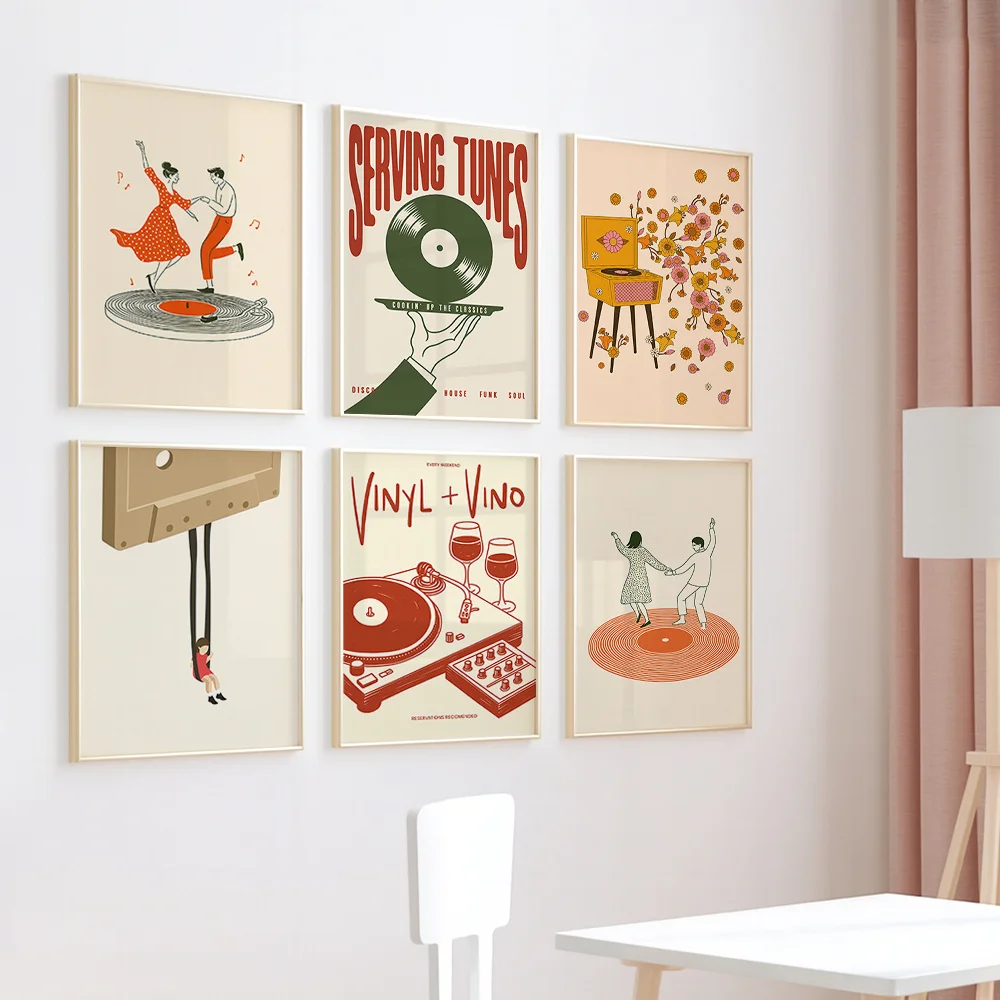 1 unidade Pôster de Música Vintage em Tela, Sem Moldura, com Estampa de Arte Floral Retrô de Toca-Discos e Cassete, Decoração de Parede para Sala de E