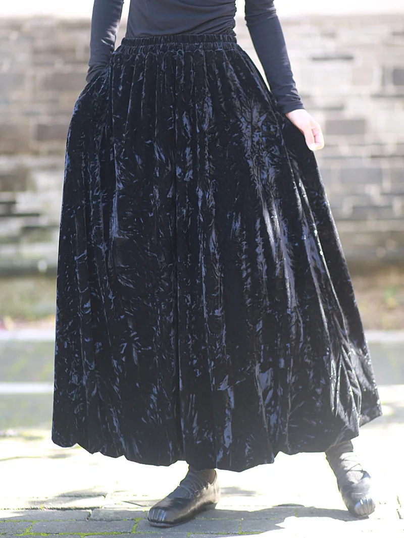 TIYIHAILEY-Damen-Rock aus Velours-Samt, lang, Maxi-A-Linie, elastische Taille, Winter, Schwarz, Grau, Khaki, chinesischer Stil, Batik-Tintenwäsche