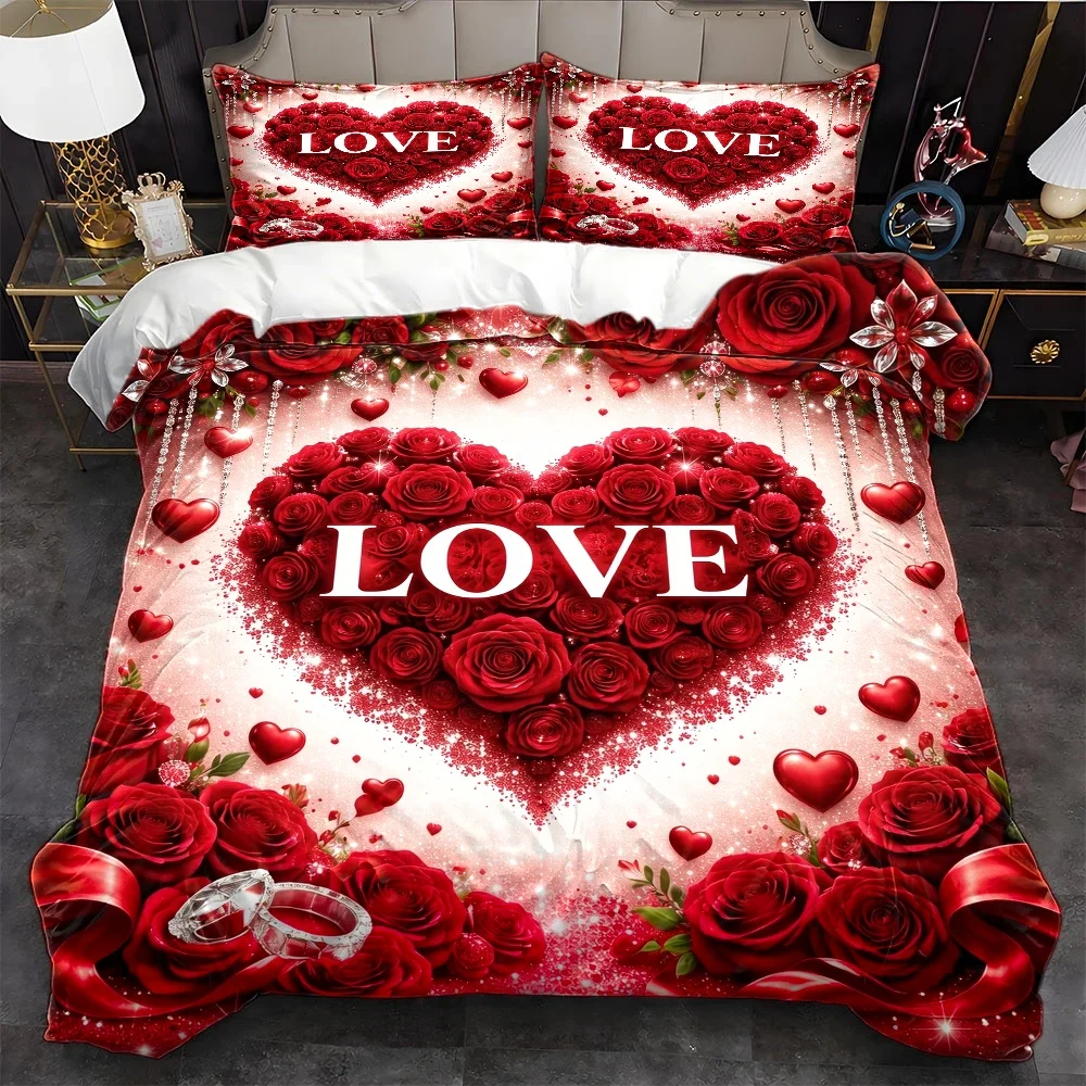 3Pc Romantic Red Rose Heart Quilt Cover Set, Three-Piece Bedding Set (1*Quilt Cover + 2*Pillowcases), Suitable for All Seasons, Machine Washable, Invisible Zipper Design, Large Double Bed Cover, Suitable for Home, Dormitory, Master Bedroom, Guest Room, Romantic Wedding Bedding, Exquisite Rose Heart Pattern, with Wedding Ring Elements, Warm and Comfortable Bedding Set, 2D Flat Print