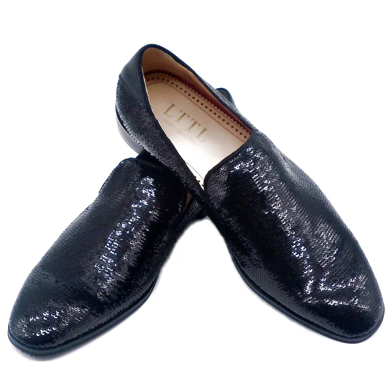 Black Sequin Shoes Men Glitter Loafers Luxury Handmade Slip On Dress Shoes Flats Party And Wedding Shoes