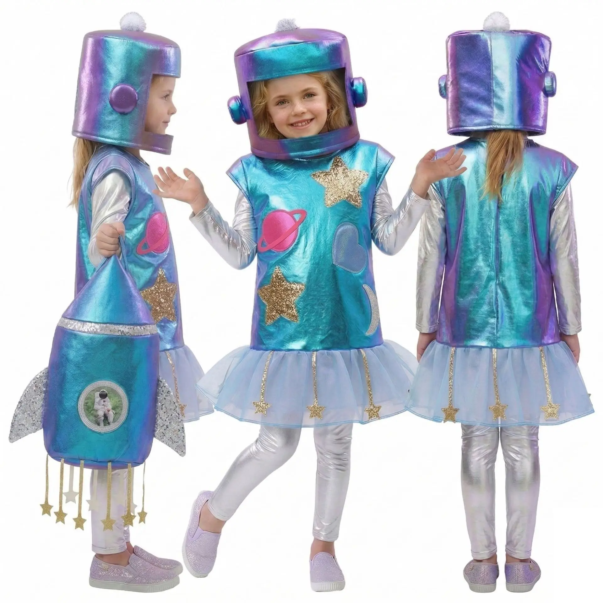 

Girls Space Aliens Costumes Carnival Fancy Dress Up Universe Robot Astronaut Costume Halloween Performance Rocket Robot Clothing