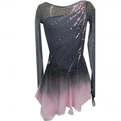 Women Ice Skating Skirt Dress Fuchsia Thumbhole Open Back Spandex Elasticity Professional Competition Skating Wear Thermal Warm