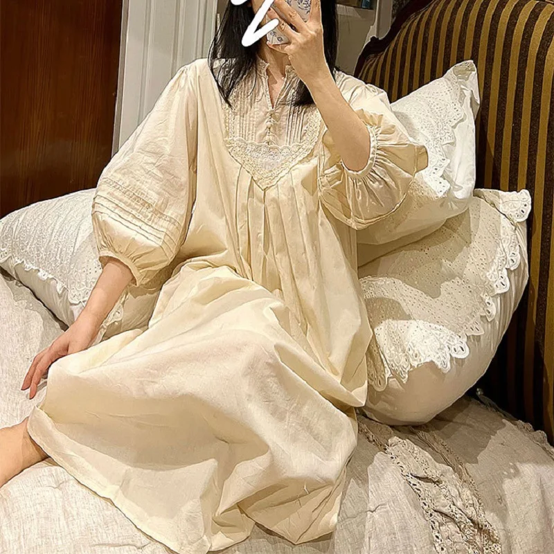 

Delicate Vintage Beige Cotton Women's Long Nightgowns Elegant Sleepwear Three Quarter Loose Nighty Spring Autumn Home Dress