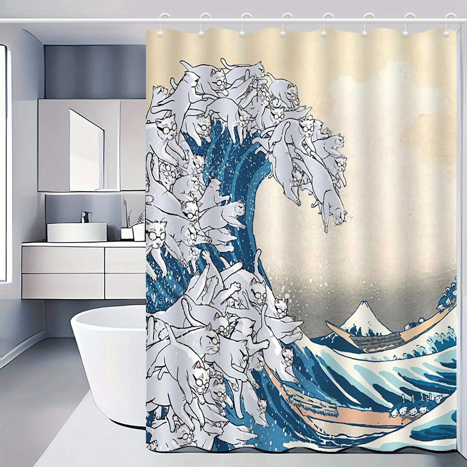 Funny Cat Shower Curtain Great Wave of Cats Japanese Print Art Humorous Animal Decor Waterproof Printed Bath Curtain Home Style