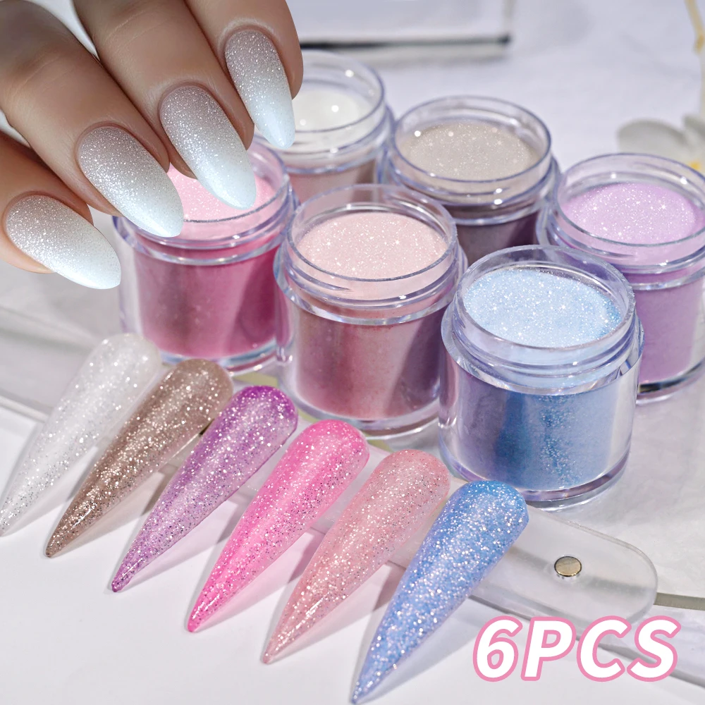 6Pcs Pink/Blue/Purple Glitter Dip Powder Fine Acrylic Powder for French Style Manicure Extension/Carving/Dipping Nail Supplies