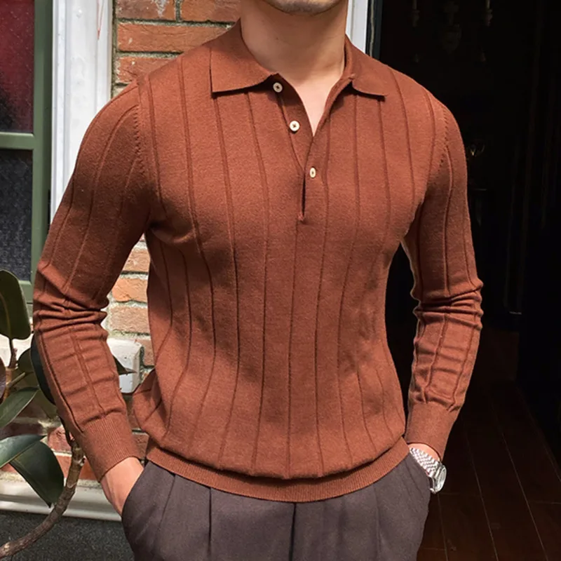 Autumn Casual Men\'s Knitted Sweater Striped Polo Shirt Men Mode Homme 2022 Lapel Polo T-shirt Men\'s Elastic Jacquard Business