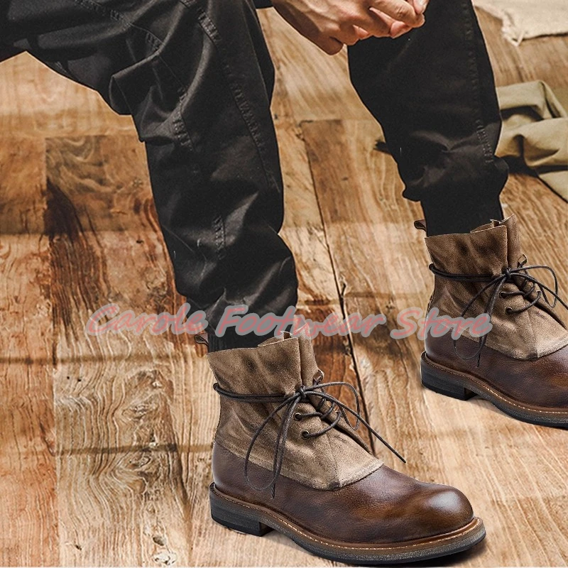 

Male Western Boots Handmade Genuine Leather Lace-Up Ankle Boots for Men British Style Mixed Color Round Toe Chunky Heel Boots