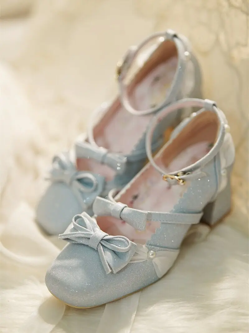 Japanese Original Thick Heel Medium Heel Round Head Lo Shoes High Heels Women's Cute Bow Shoes Lolita Elegant Ladies Single Shoe