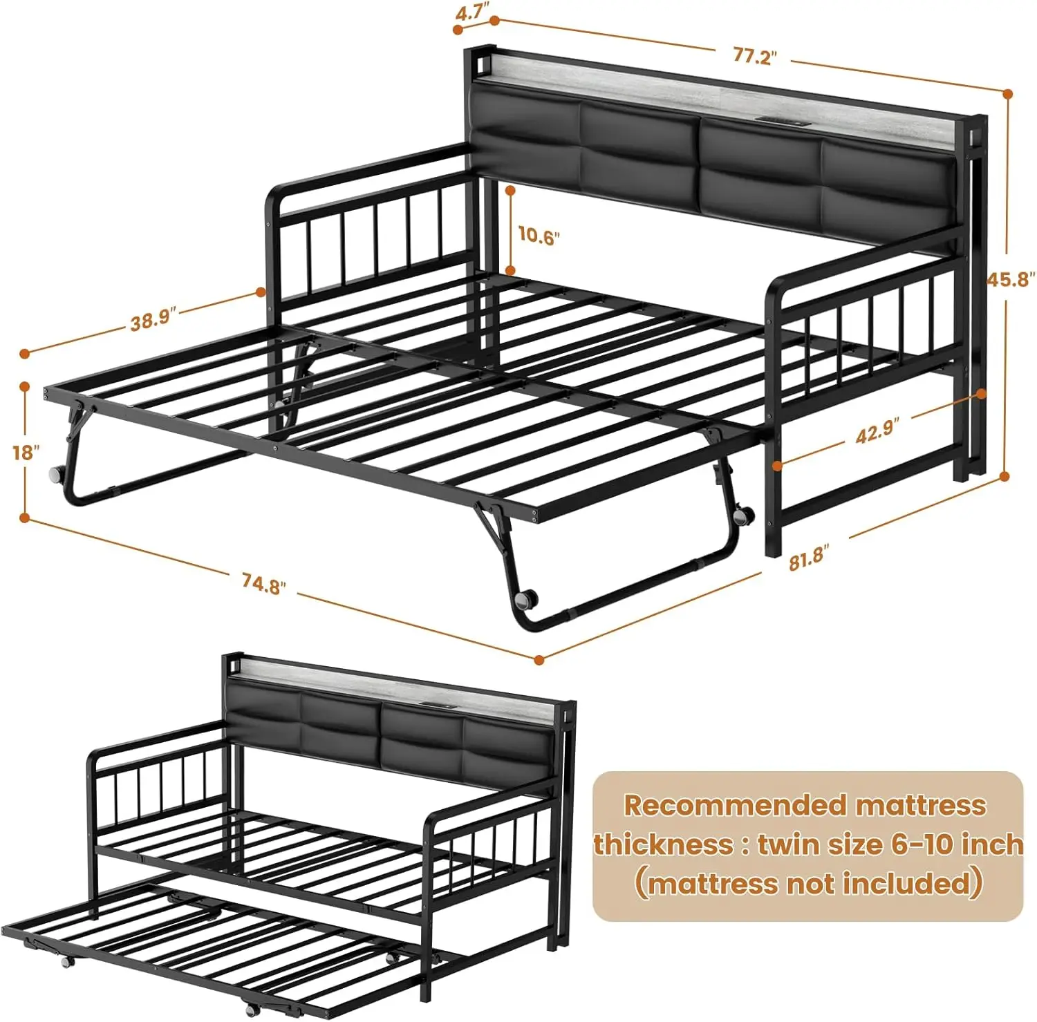 Twin Daybed Charging Station Metal Frame Foldable Space-Saving Day Bed Frame with Pull Out Trundle for Adults and Teenspromote s
