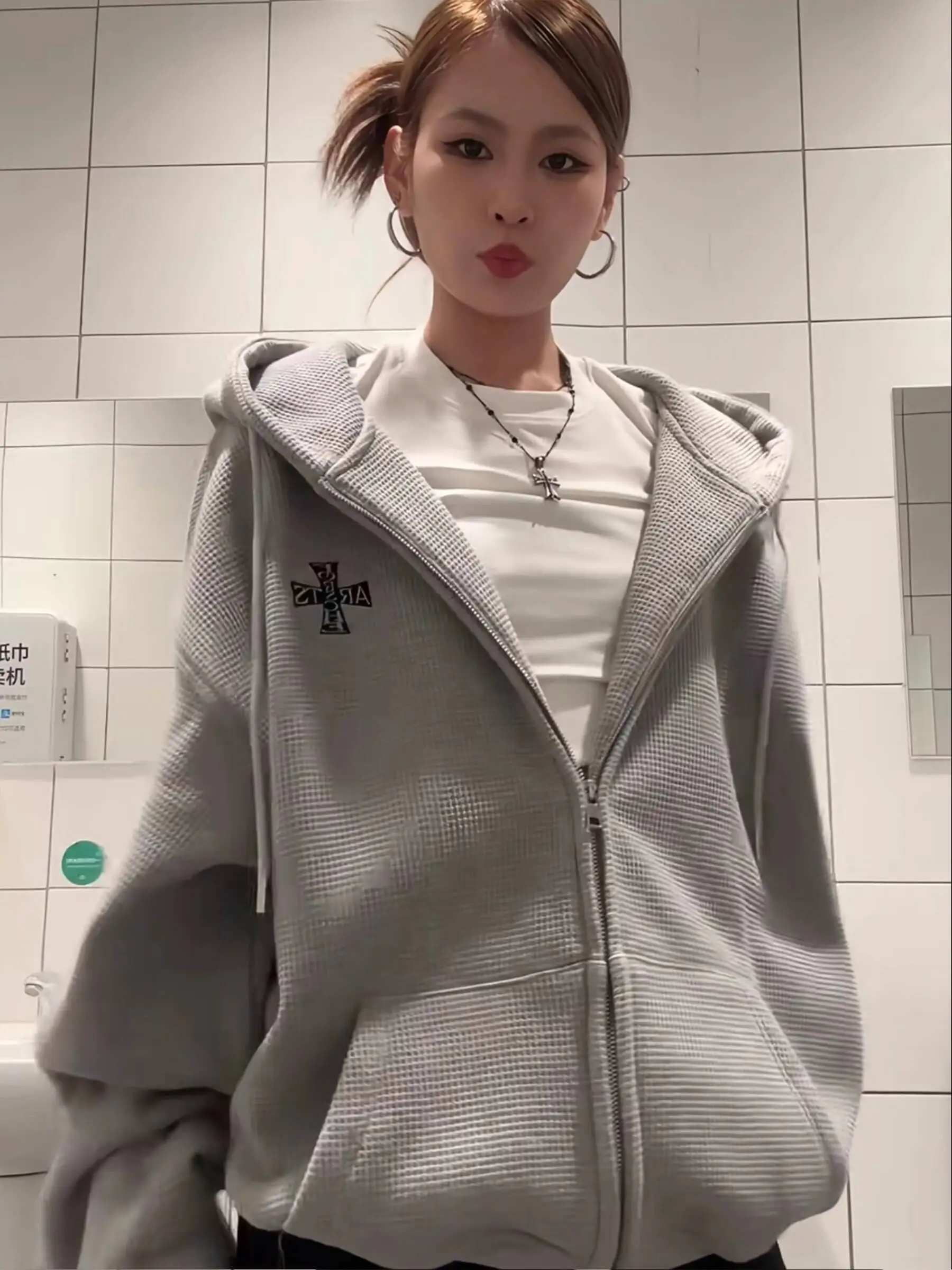 Unisex Hoodies 2025 New Cardigan Women Waffle Knit Gray Hooded Sweatshirt Spring Autumn Loose Couple Style Cardigan Jacket
