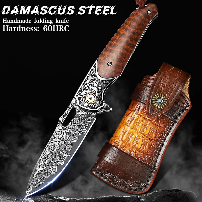 

high-quality Damascus steel folding knife is perfect for outdoor camping, everyday adventures, and a collectible EDC knife.