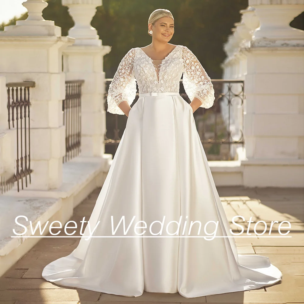 2024 Plus Size Wedding Dresses Classic Satin Bridal  Puff Sleeves V Neck Beading Sequined A Line Bride Gown with Pockets