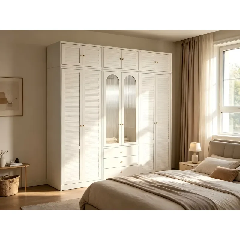 French Modern Freestanding Durable Steel Glass Louvered Door Wardrobe Large Capacity Partitioned Storage for Bedroom Living