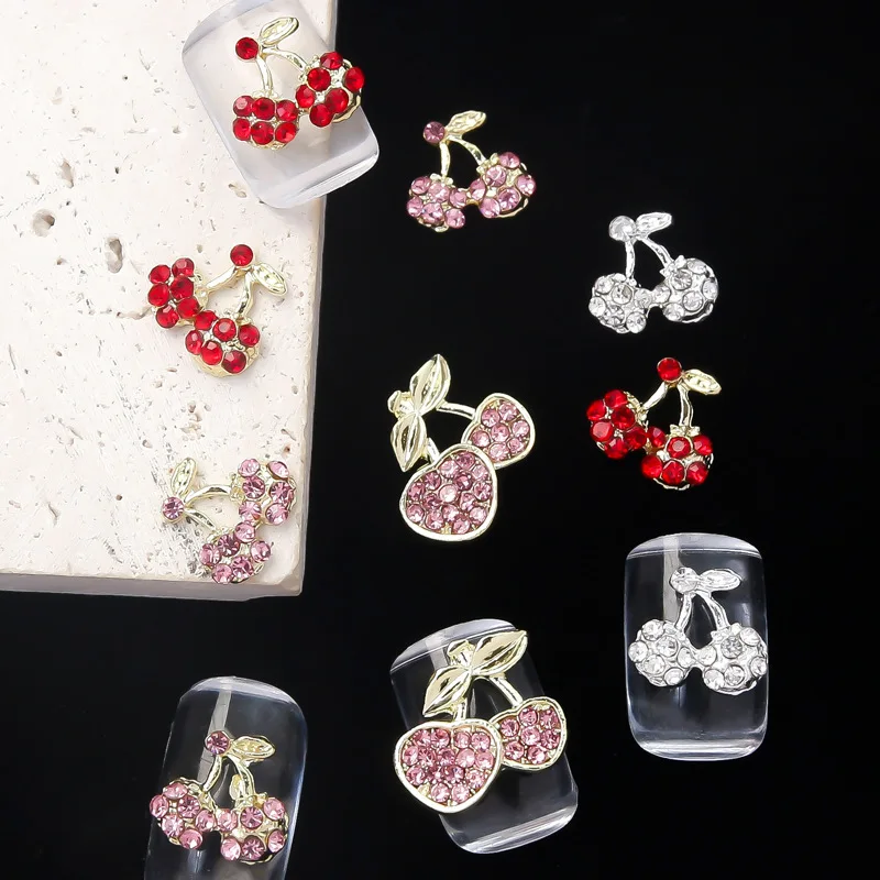 

5PCS Red Pink Cherry Nail Charms Alloy With Rhinestones Nail Art Decorations Metal Diamond Cherry DIY Accessories Nails Parts