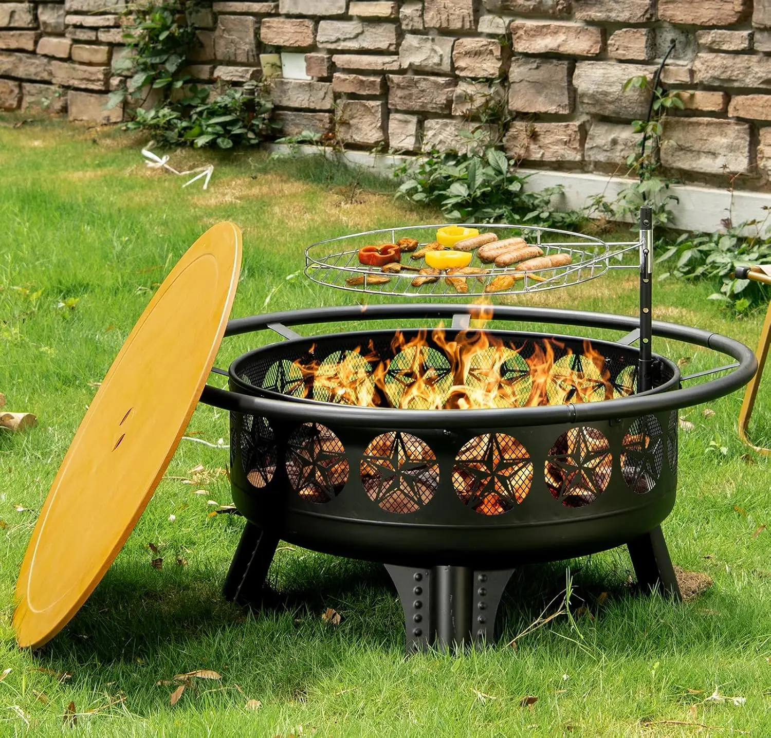 38” Wooding Burning Fire Pit,3-In-1 Fire Pit With Grill, Outdoor Firepit With Swivel Cooking Grate For Bbq Bonfire Camping (38