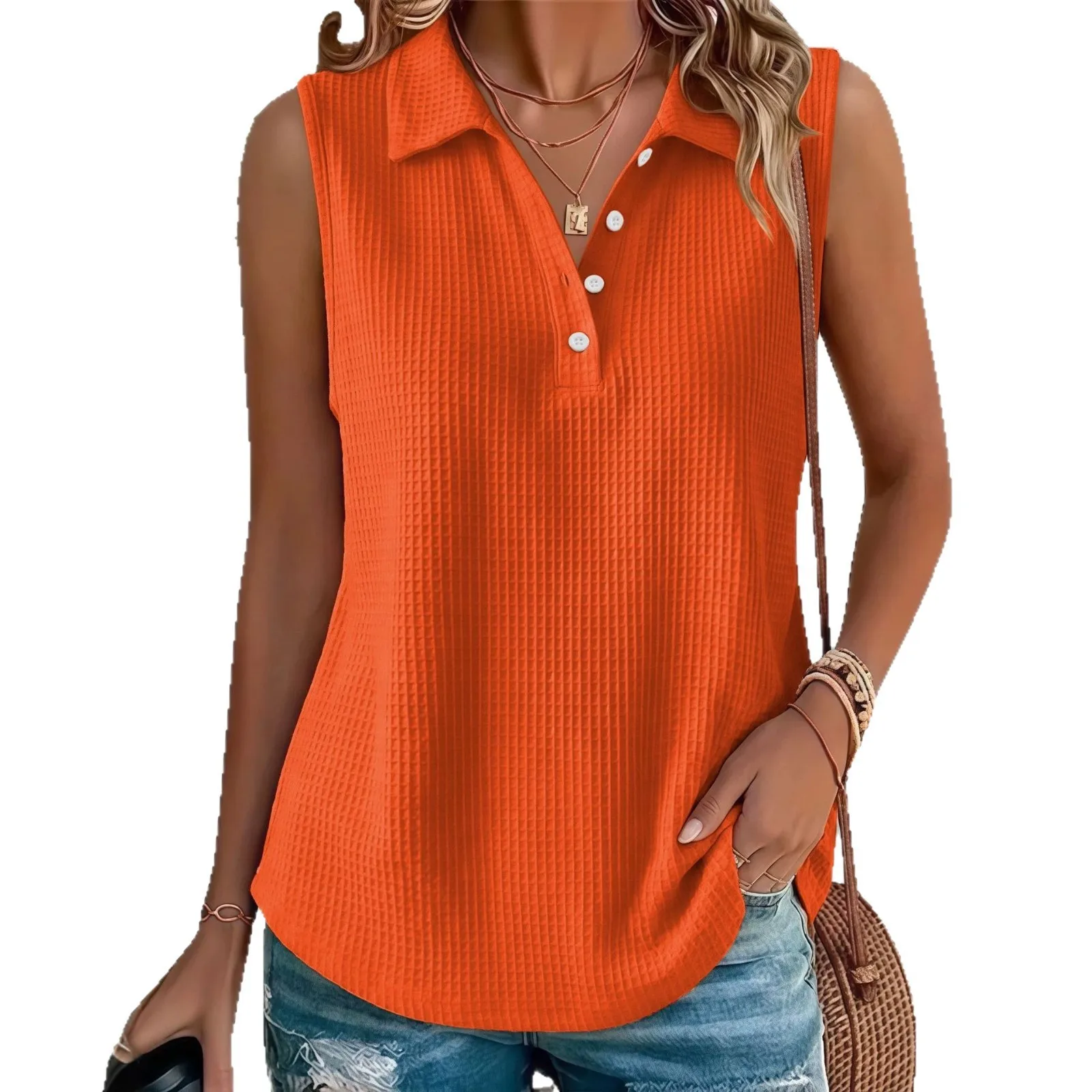 Summer Tank Top Women's Button Front Waffle Knit Vest Solid Color Wide Strap Sleeveless Top Casual Blouse Orange Camisole