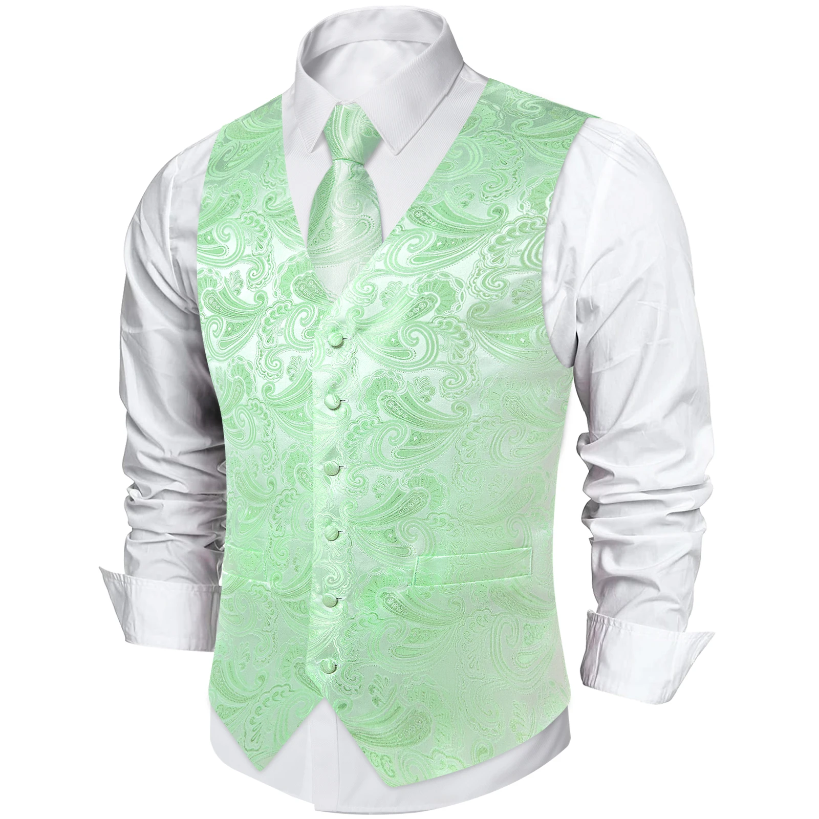 Fashion Tuxedo Suit Vest with Tie Handkerchief Blue Green Solid Red Black Silver Pink Paisley Luxury Waistcoat for Wedding Prom