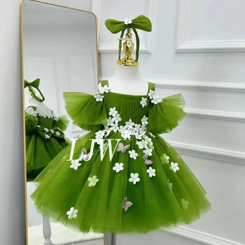 

Green flowers Fairy Mesh Princess Dress Children Baptism Outfit Birthday Wedding Party Dress 2-8 year old flower girl wedding