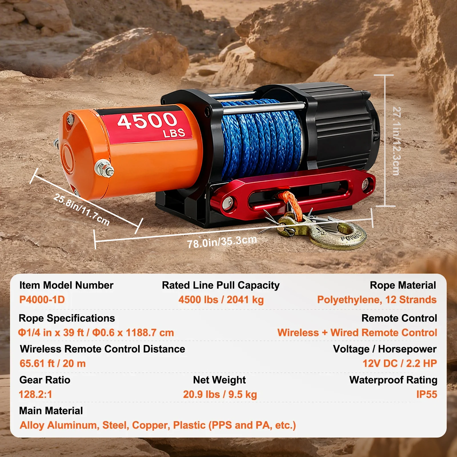3000-4500LBS 12V Electric Recovery Winch Off-Road Synthetic Rope Winch IP55 Waterproof Wireless Wired Remote for ATV UTV Jeep Truck