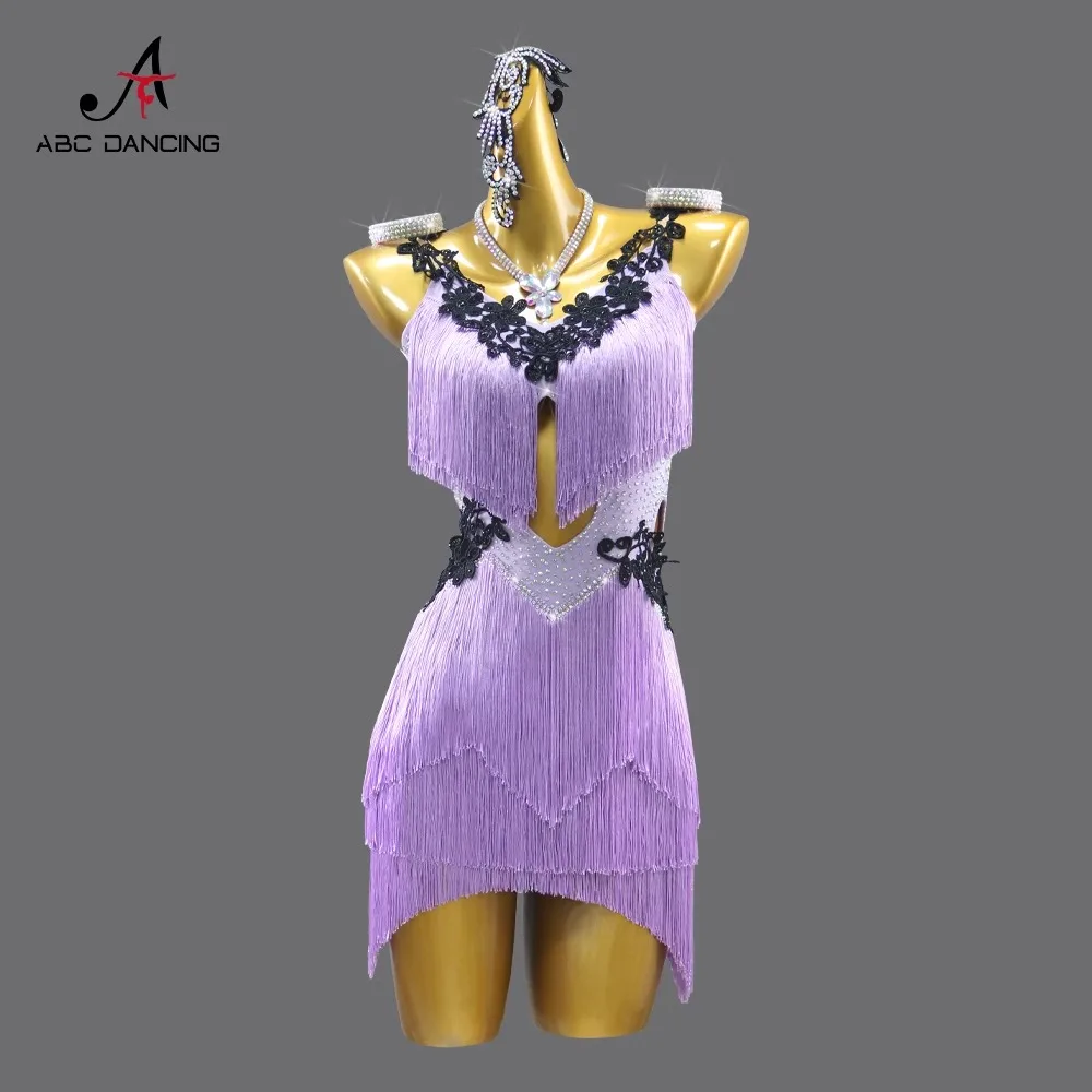 

2024 Purple fringe Latin Dance Competition dress Sexy adult female Ballroom party girl plus size custom