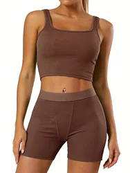 Women's 2 Piece Casual Workout Outfits Ribbed Knitted Yoga Tank Top High Waist Leggings Tracksuit Active Wear Sets