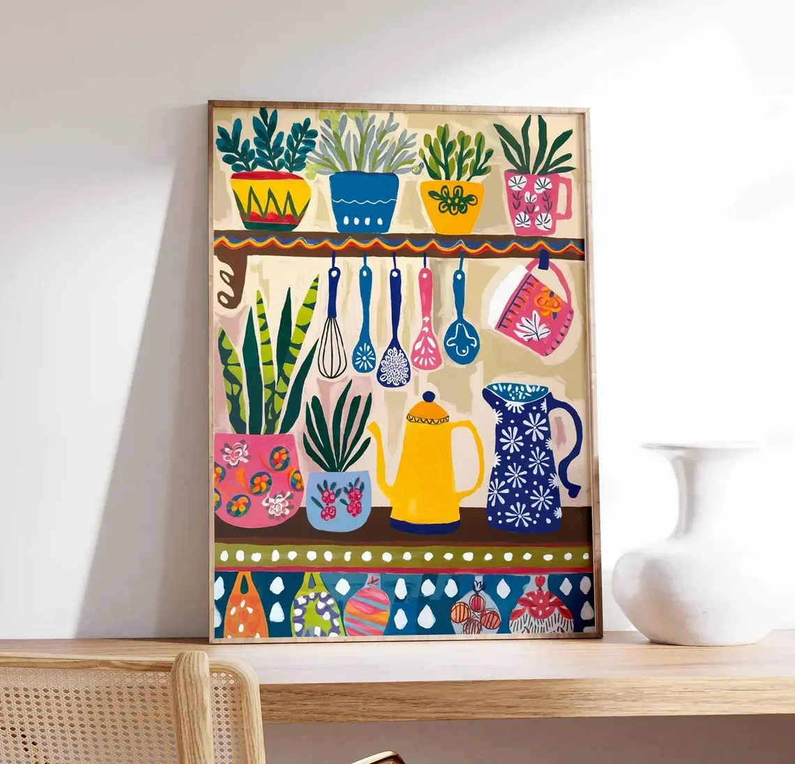 Colorful Kitchen Wall Art, Kitchen Decor, Floral Poster, Boho Scandinavian Decor, Kitchen Poster, Shelf Poster With Utensils and
