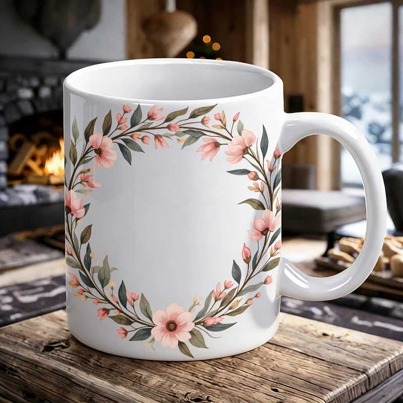 

2026 Fashion NEW Mug Coffee Cup Ceramic Cup Floral Wreath with Pink Blooms and Green Leaves on Cream Background