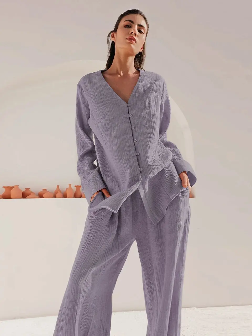 

Linad Cotton Women's Nightwear 2 Piece Sets Loose Long Sleeve round Neck Home Clothes Sleepwear Comfortable Breathable