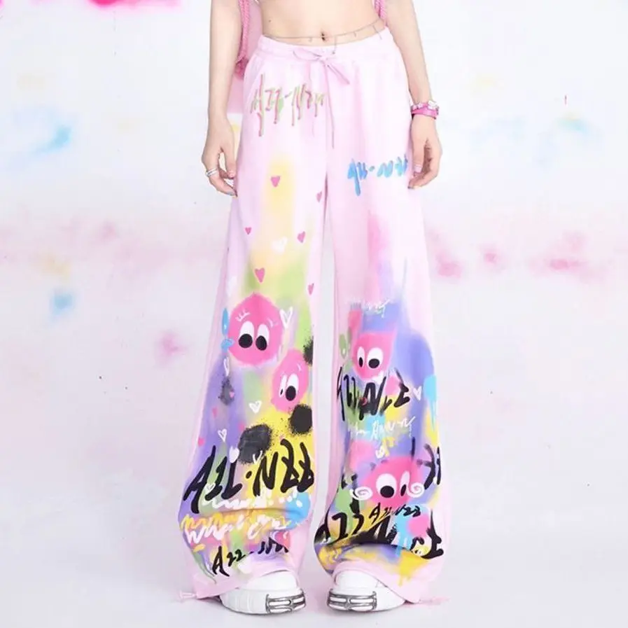 New Y2K Retro Pink Cartoon Figure Printed Overalls Trousers Female Personality Street Hip-Hop Loose Casual Dancing Sports Pants