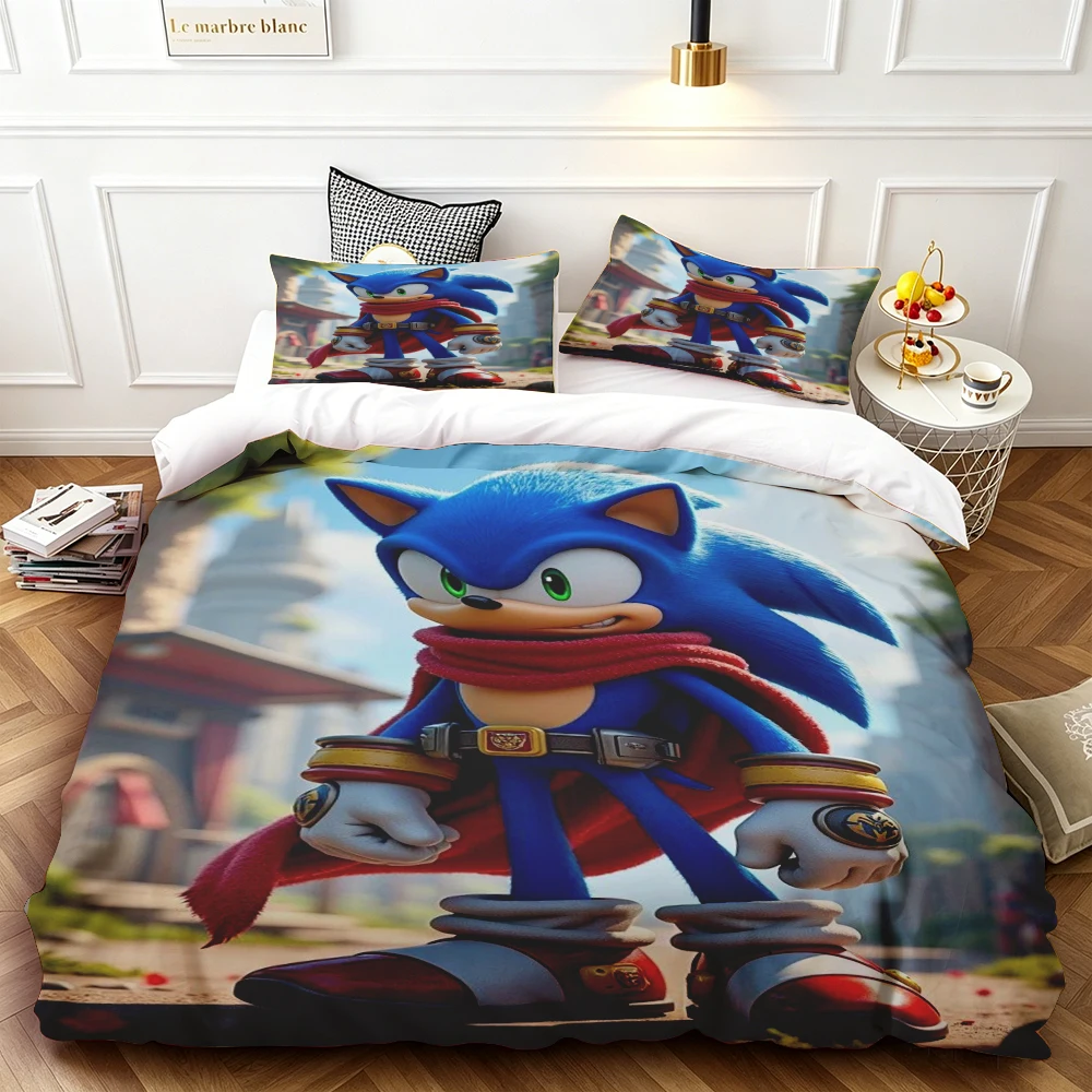 Funda de edredón con dibujos animados de Sonic para niños, juego de cama genial, funda de edredón con funda de almohada, tamaño Queen/King, para dormitorio de niños y adolescentes, hermosa