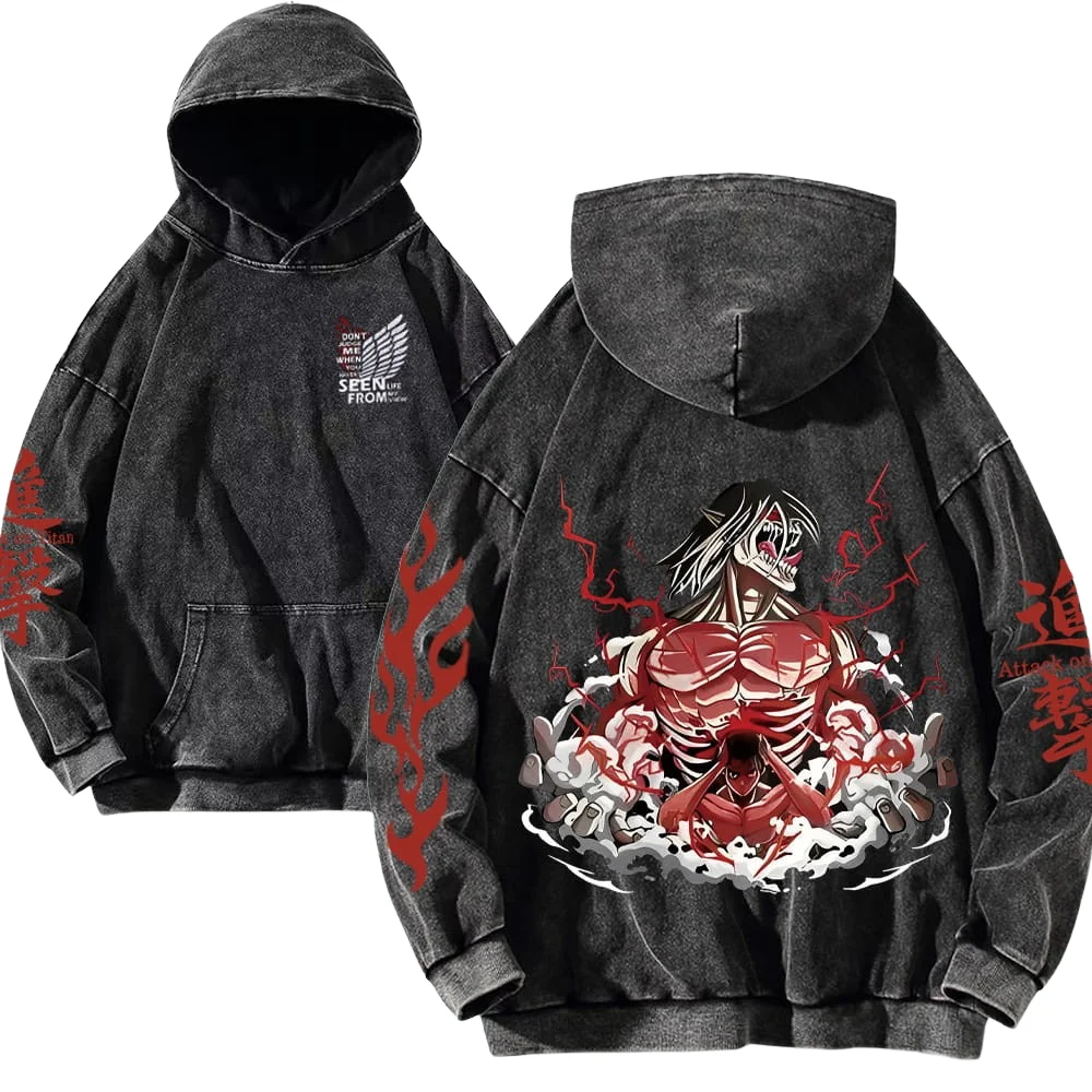 Men's Y2K Vintage Cotton Washed Hoodie Print Hip Hop Kangaroo Pocket Hooded Sweatshirt Autumn Harajuku Loose Casual Pullover