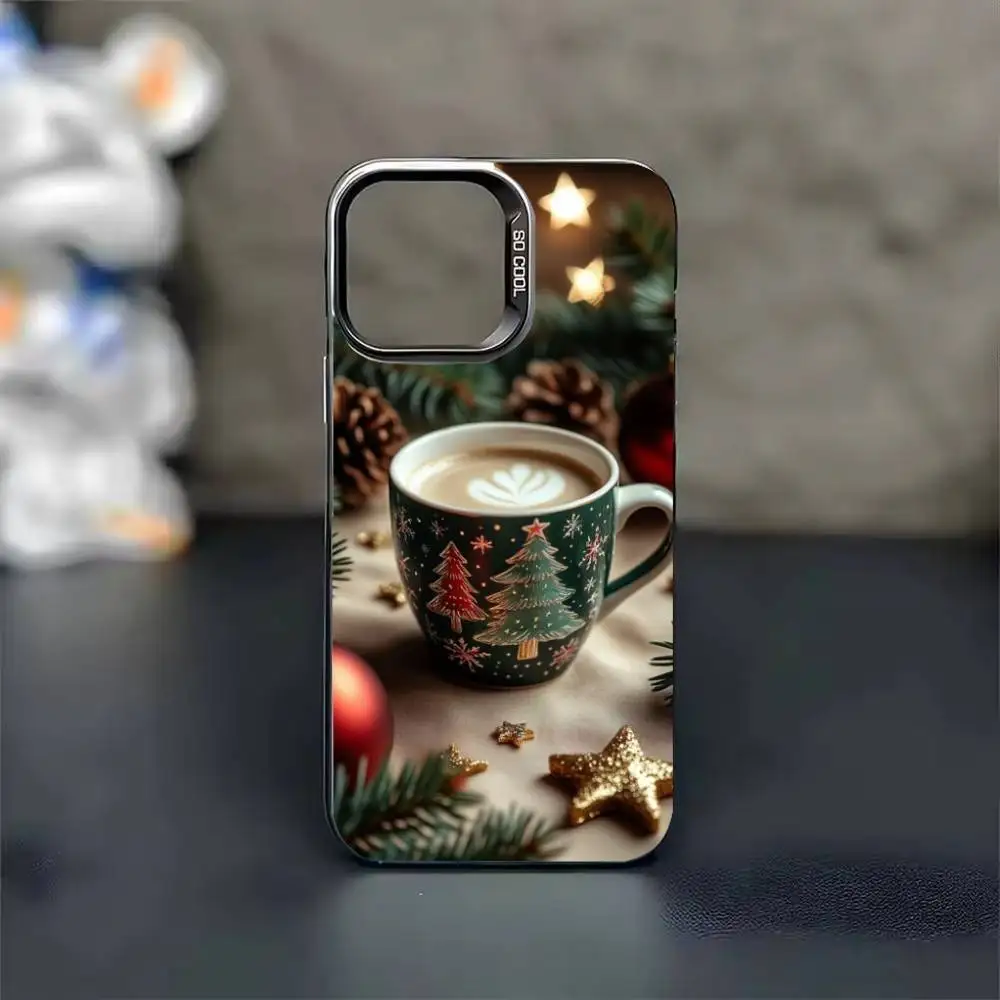 Winter Style Coffee Christma Phone Case For iPhone 17,16,15,14,13,12,11,Pro Max,Plus black Candy Silver Cover