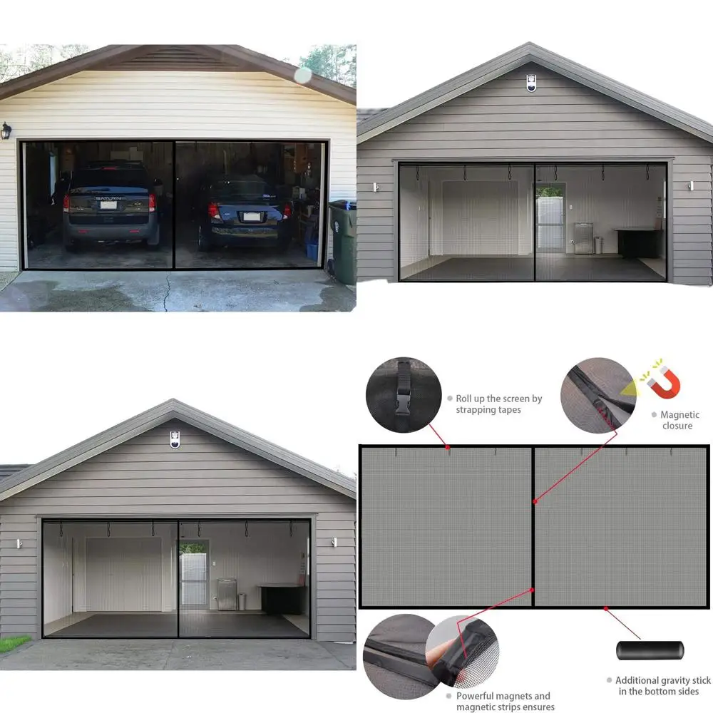 

2-Car Garage Door Screen, 15x7 Ft Fiberglass Mesh with Magnetic Closure, Heavy-Duty, Anti-Animal, Retractable, Easy Assembly, Bl