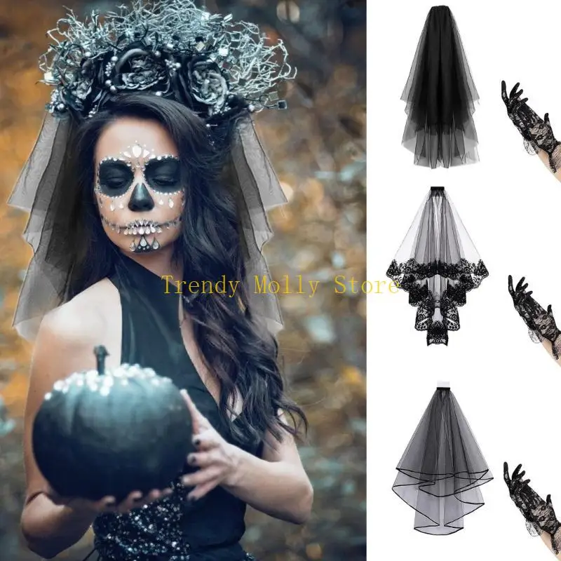 N5KB Halloween Black Lace Veil and Gants Set pour les costumes accessoires gothiques